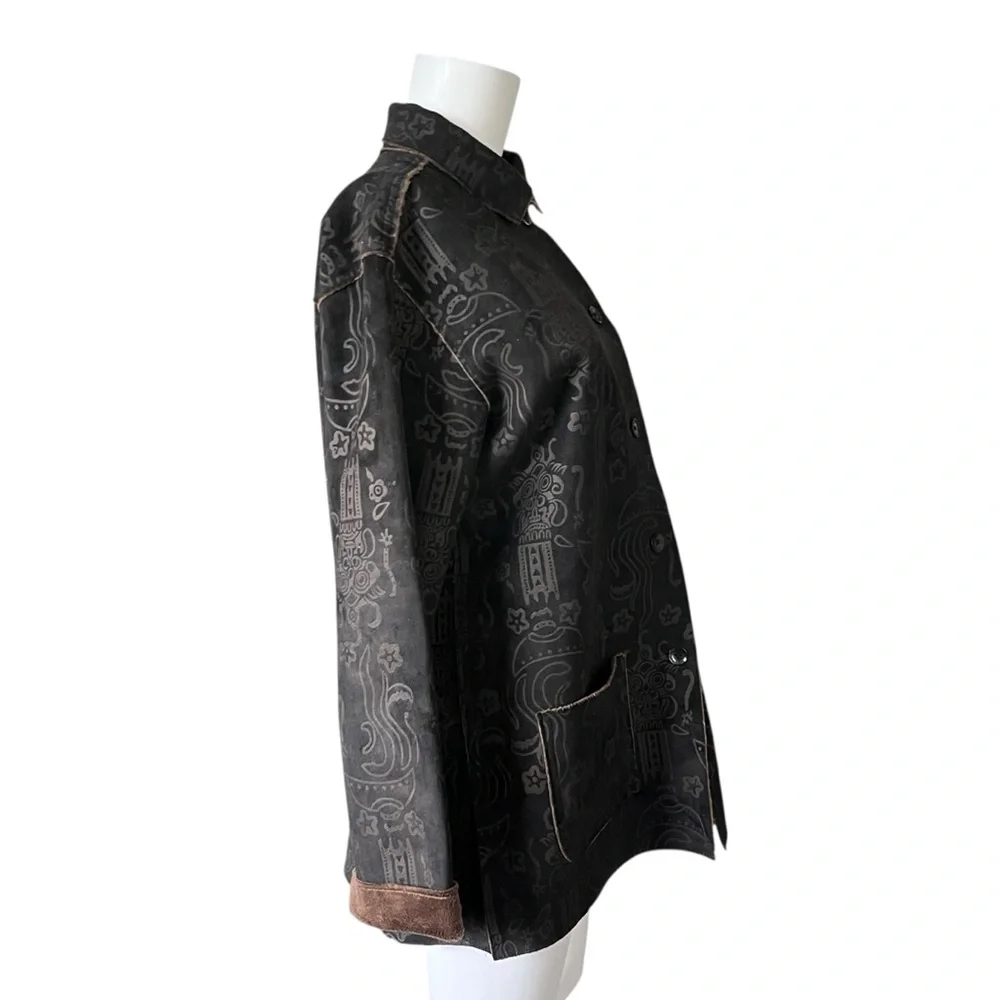 Vintage Chicos Faux Suede Jacket Dark Chocolate Brown Patterned Size Medium M - Picture 4 of 7